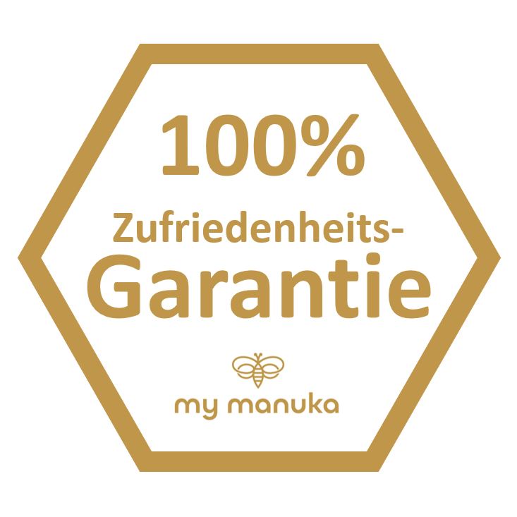 Siegel der 100% igen Zufriedenheits-Garantie, die mymanuka auf alle Manuka Honig gewährt