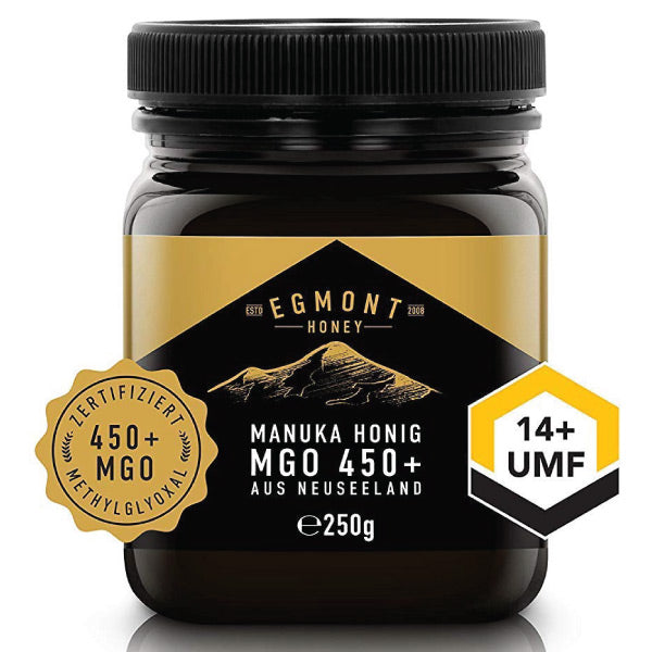 Ein 250g Glas Egmont Honey Manuka Honig aus Neuseeland mit MGO Stärke 450+ und 14+ UMF 